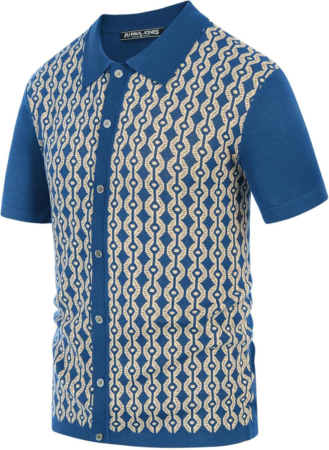 imagePJ PAUL JONES Mens Contrast 70s Vintage Polo Shirts Short Sleeve KnitwearBlue