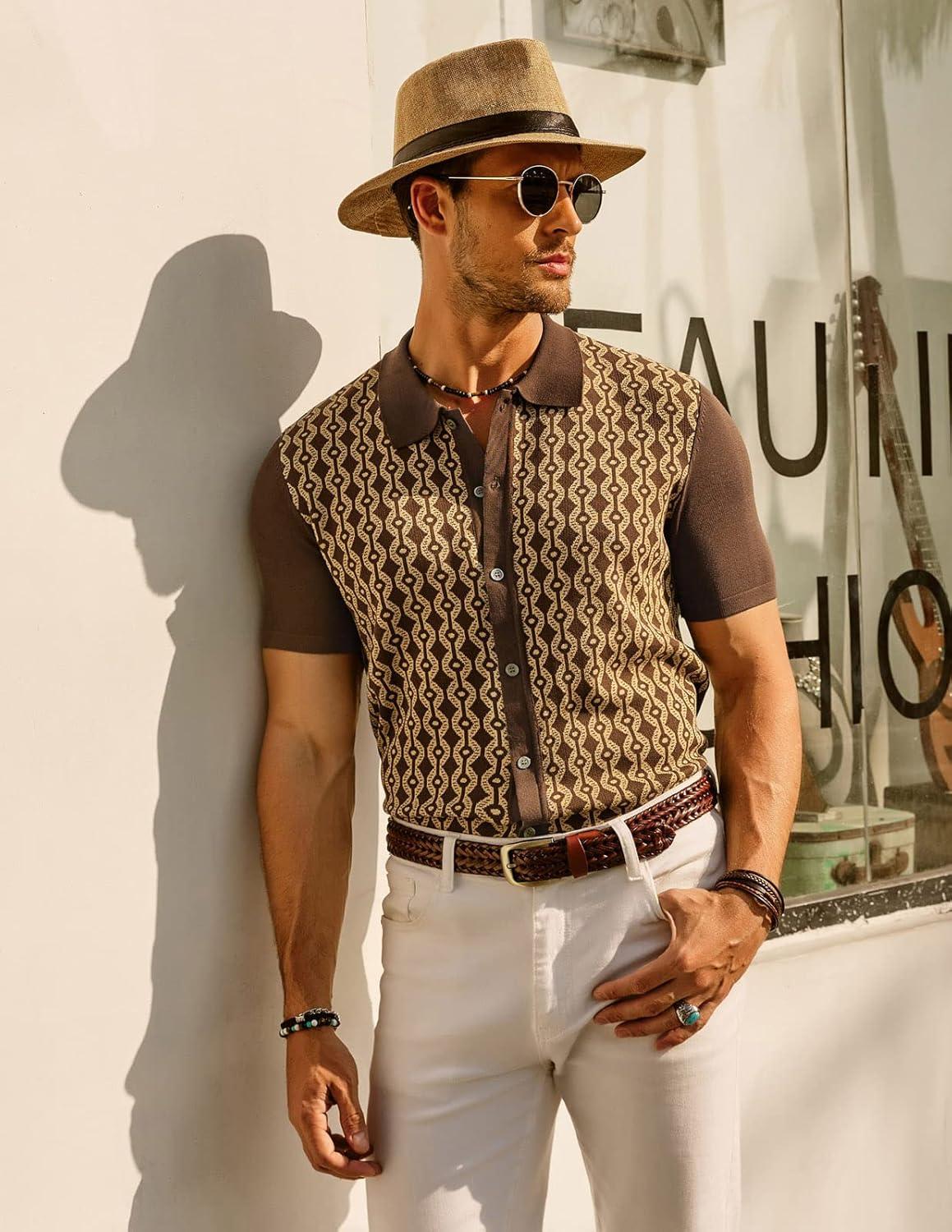 imagePJ PAUL JONES Mens Contrast 70s Vintage Polo Shirts Short Sleeve KnitwearBrown