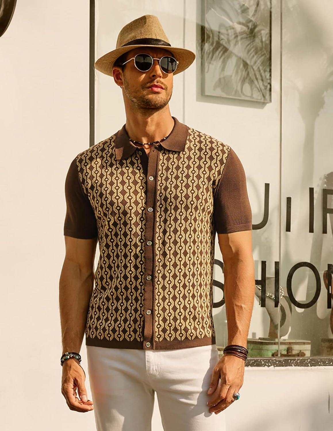 imagePJ PAUL JONES Mens Contrast 70s Vintage Polo Shirts Short Sleeve KnitwearBrown