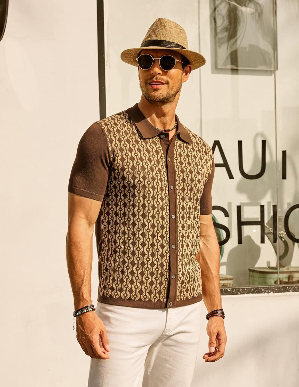 imagePJ PAUL JONES Mens Contrast 70s Vintage Polo Shirts Short Sleeve KnitwearBrown