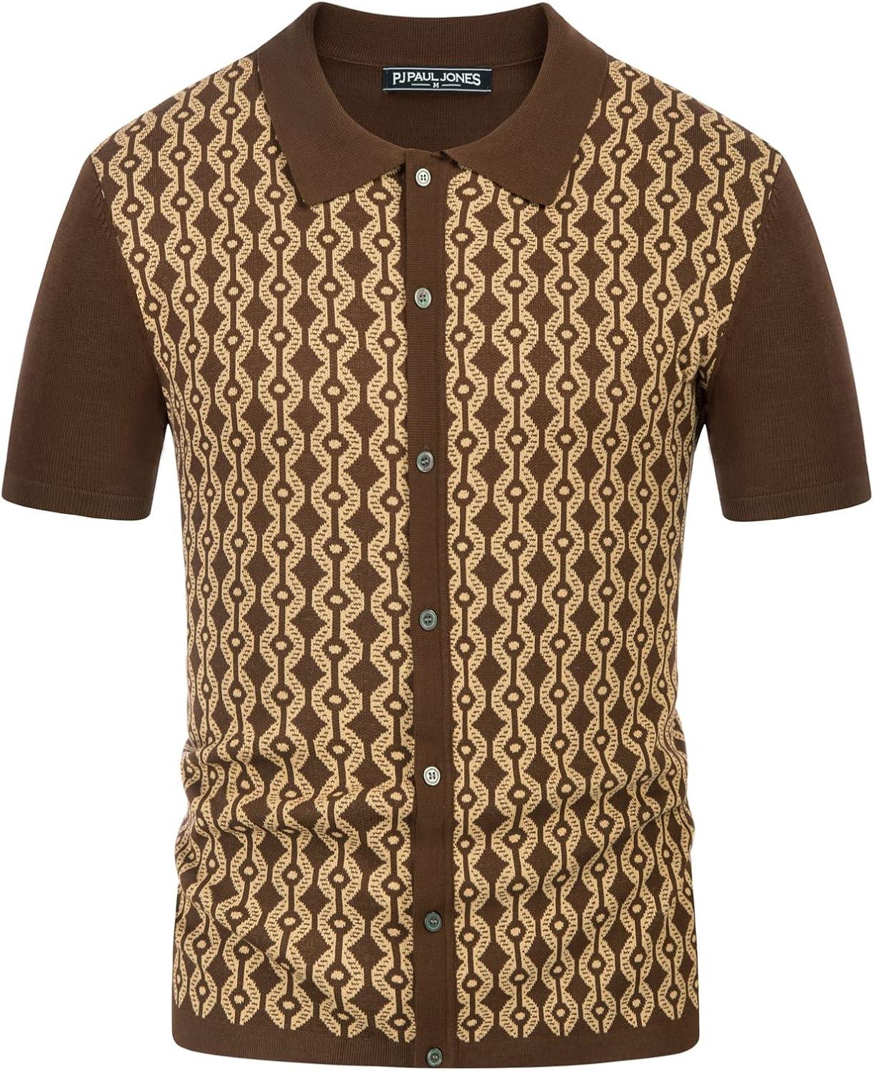 imagePJ PAUL JONES Mens Contrast 70s Vintage Polo Shirts Short Sleeve KnitwearBrown