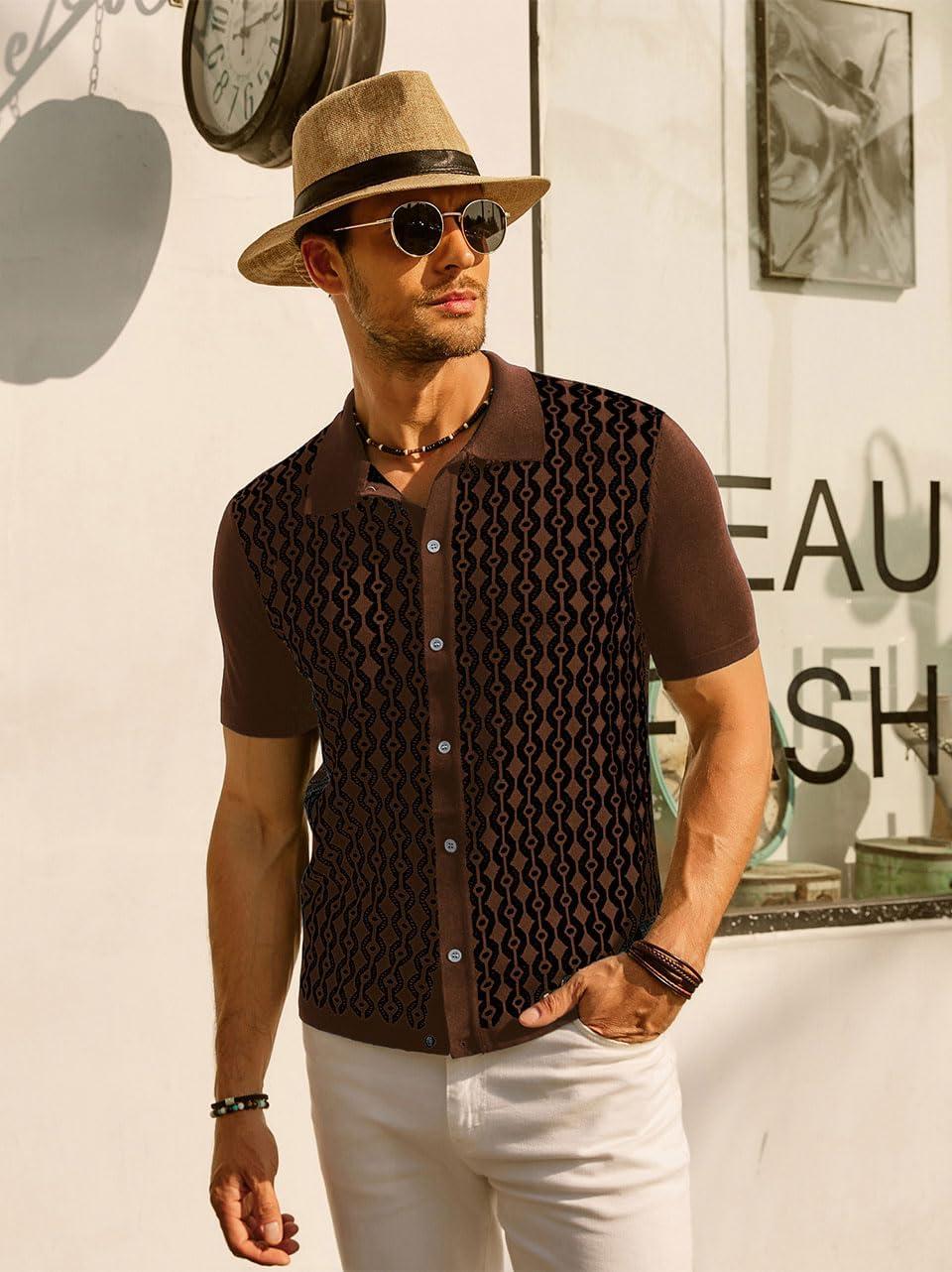 imagePJ PAUL JONES Mens Contrast 70s Vintage Polo Shirts Short Sleeve KnitwearCaramelBlack