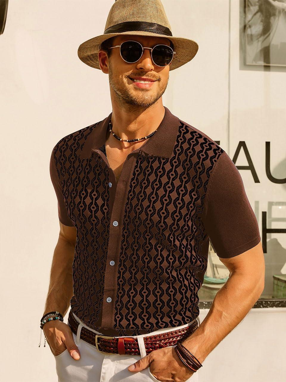 imagePJ PAUL JONES Mens Contrast 70s Vintage Polo Shirts Short Sleeve KnitwearCaramelBlack