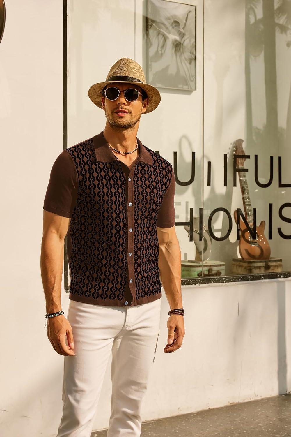 imagePJ PAUL JONES Mens Contrast 70s Vintage Polo Shirts Short Sleeve KnitwearCaramelBlack