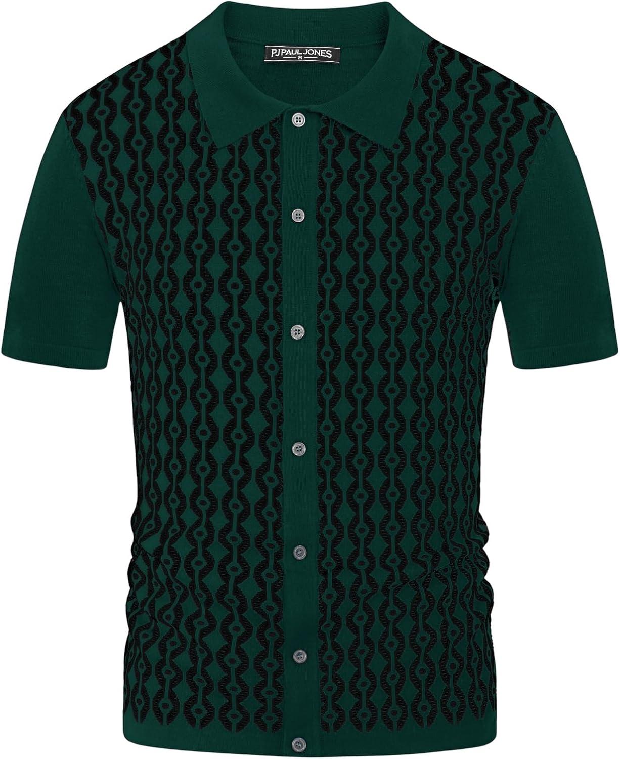 imagePJ PAUL JONES Mens Contrast 70s Vintage Polo Shirts Short Sleeve KnitwearGreenBlack