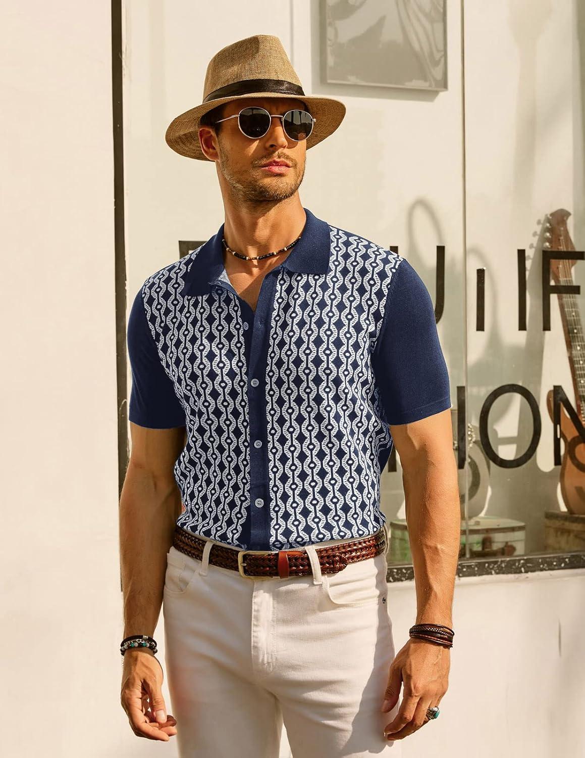 imagePJ PAUL JONES Mens Contrast 70s Vintage Polo Shirts Short Sleeve KnitwearNavy