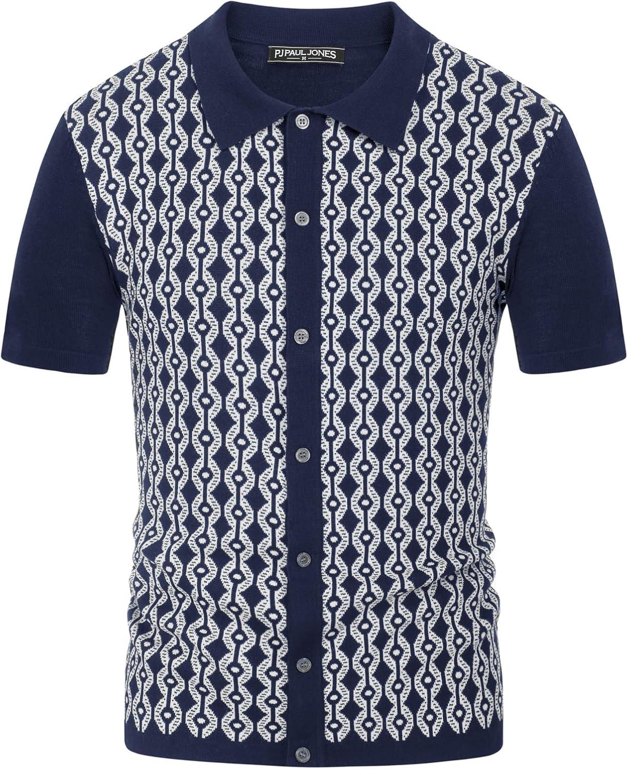 imagePJ PAUL JONES Mens Contrast 70s Vintage Polo Shirts Short Sleeve KnitwearNavy