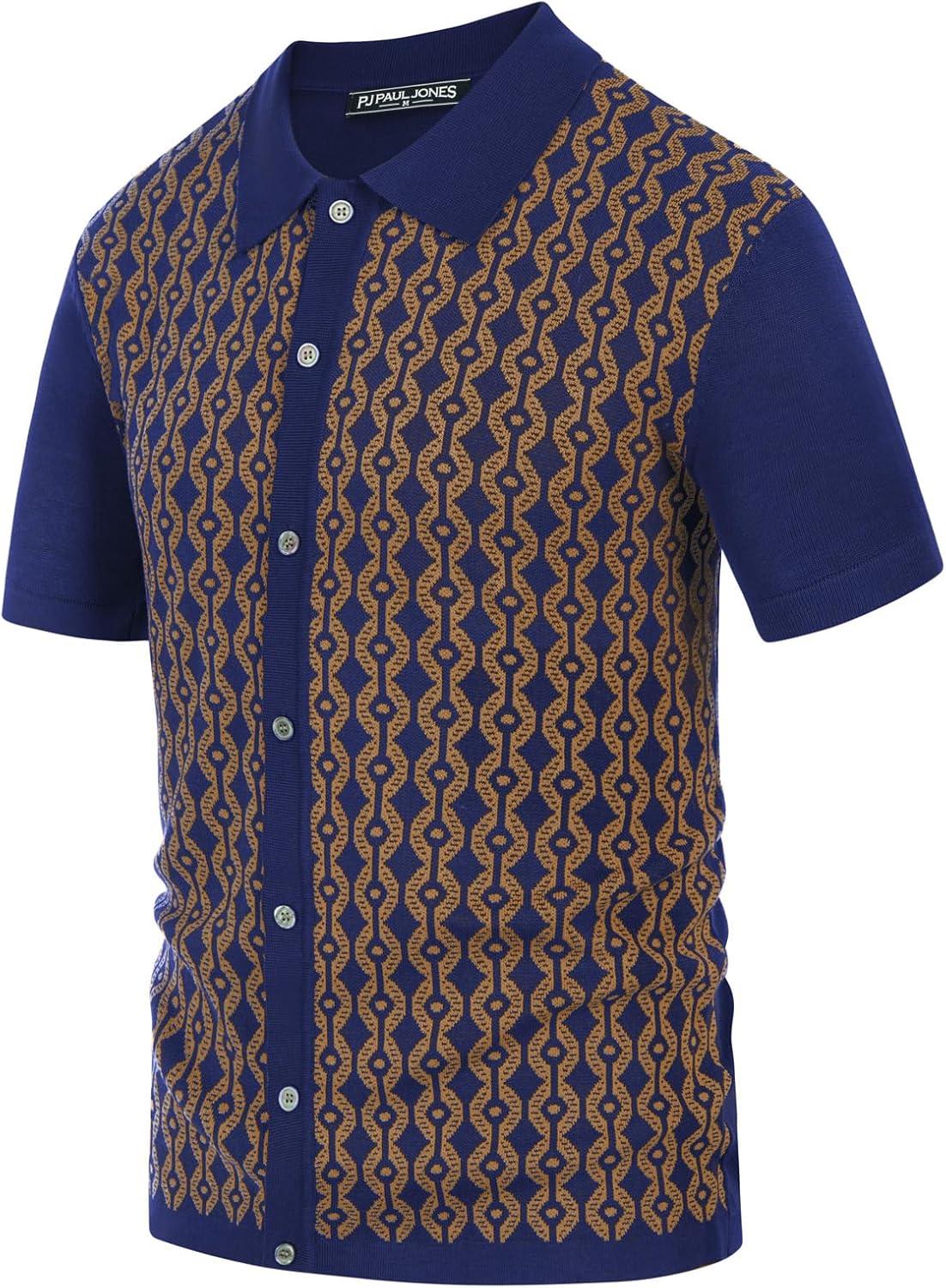 imagePJ PAUL JONES Mens Contrast 70s Vintage Polo Shirts Short Sleeve KnitwearNavyGold