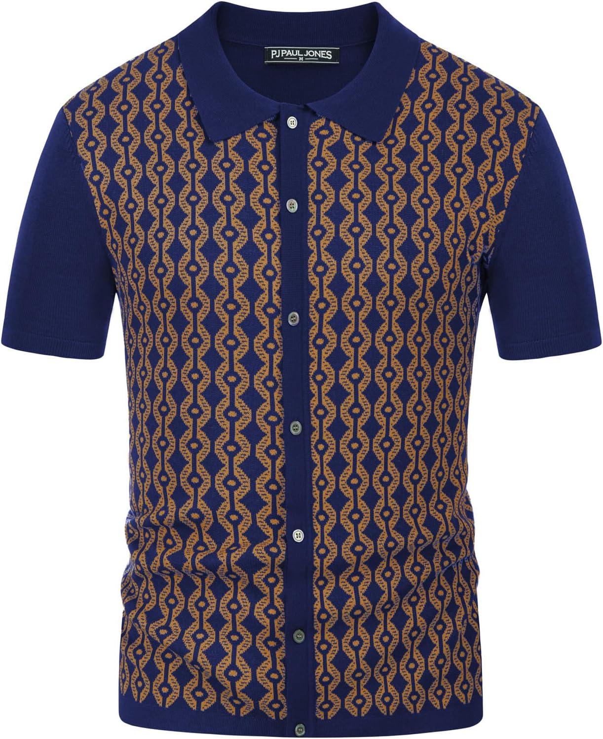imagePJ PAUL JONES Mens Contrast 70s Vintage Polo Shirts Short Sleeve KnitwearNavyGold