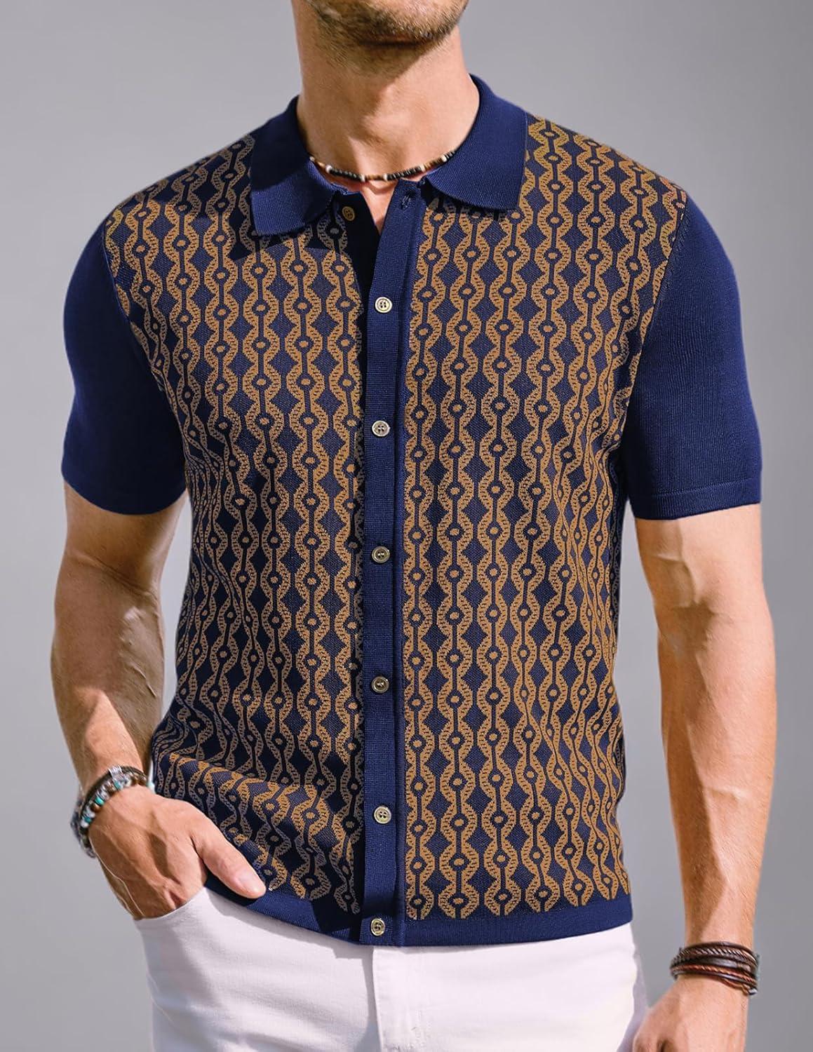 imagePJ PAUL JONES Mens Contrast 70s Vintage Polo Shirts Short Sleeve KnitwearNavyGold