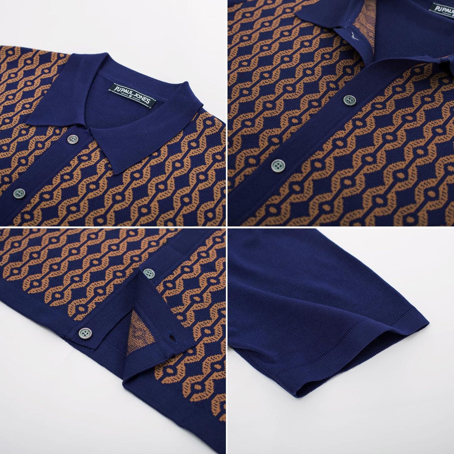 imagePJ PAUL JONES Mens Contrast 70s Vintage Polo Shirts Short Sleeve KnitwearNavyGold