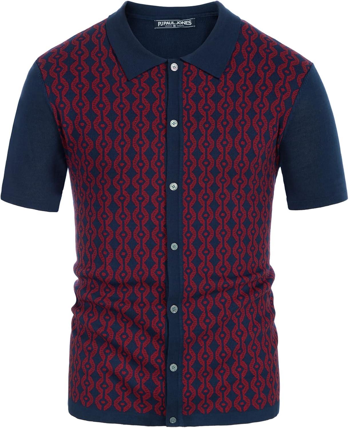 imagePJ PAUL JONES Mens Contrast 70s Vintage Polo Shirts Short Sleeve KnitwearRed