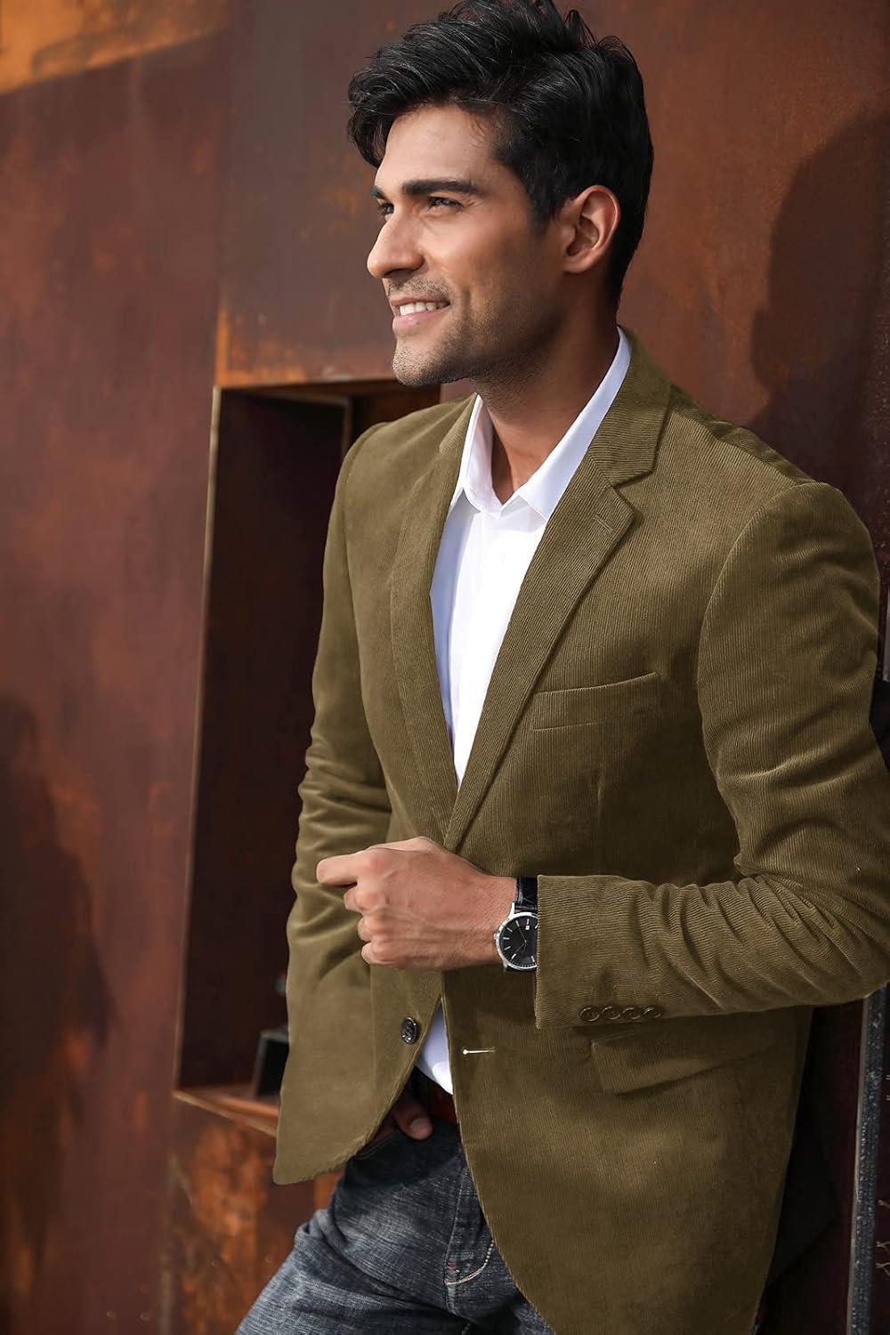 imagePJ PAUL JONES Mens Corduroy Blazer Jackets Slim Fit Two Button Casual Sports CoatOlive Brown