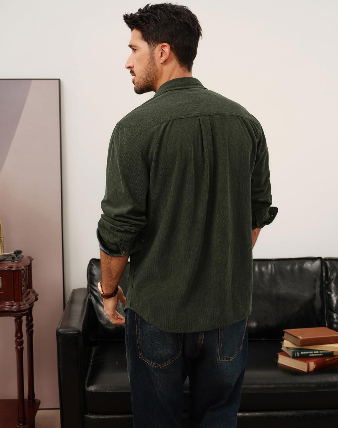 imagePJ PAUL JONES Mens Corduroy Button Down Shirt Long Sleeve Casual Collared Wrinkle Free Untucked Shirts with PocketArmy Green