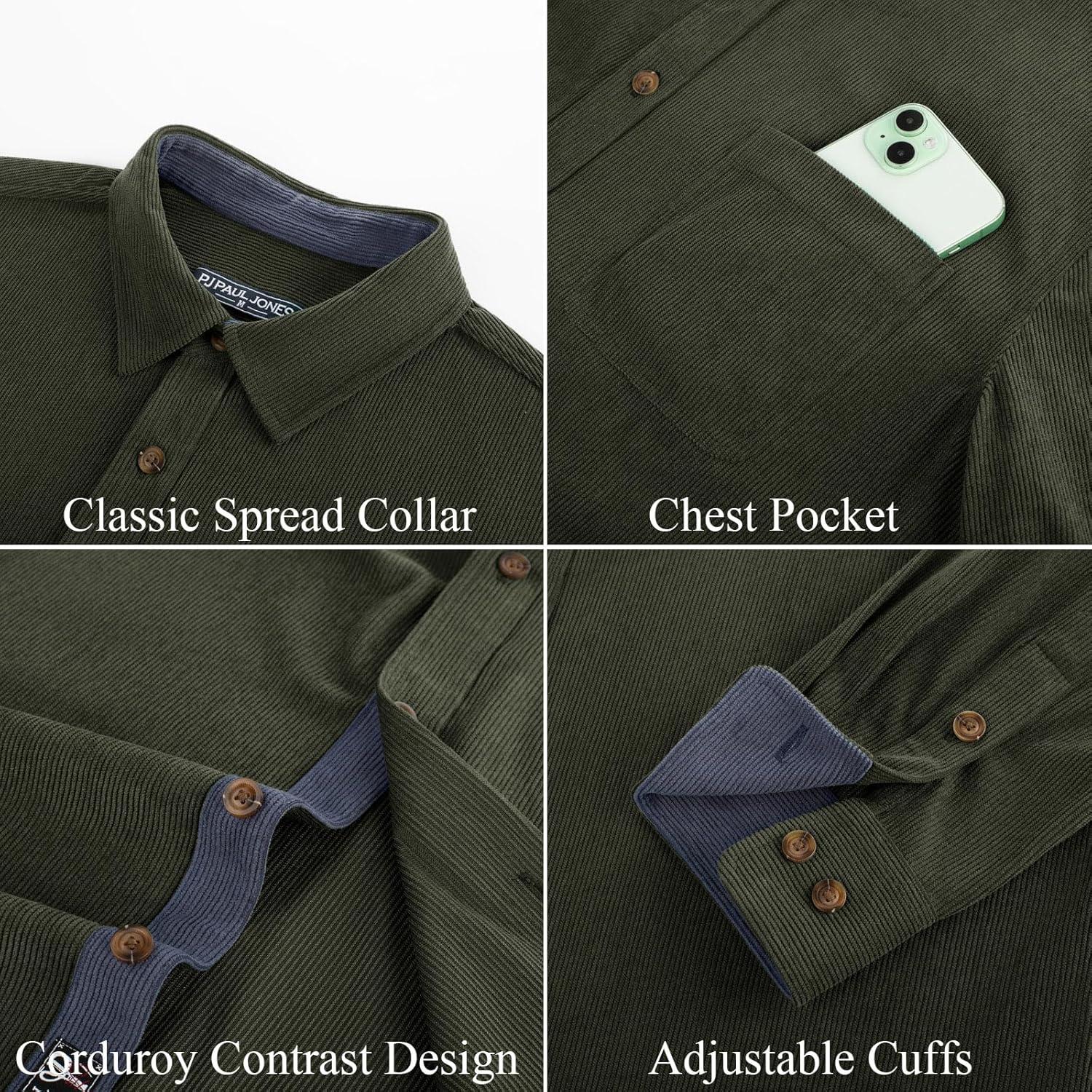 imagePJ PAUL JONES Mens Corduroy Button Down Shirt Long Sleeve Casual Collared Wrinkle Free Untucked Shirts with PocketArmy Green