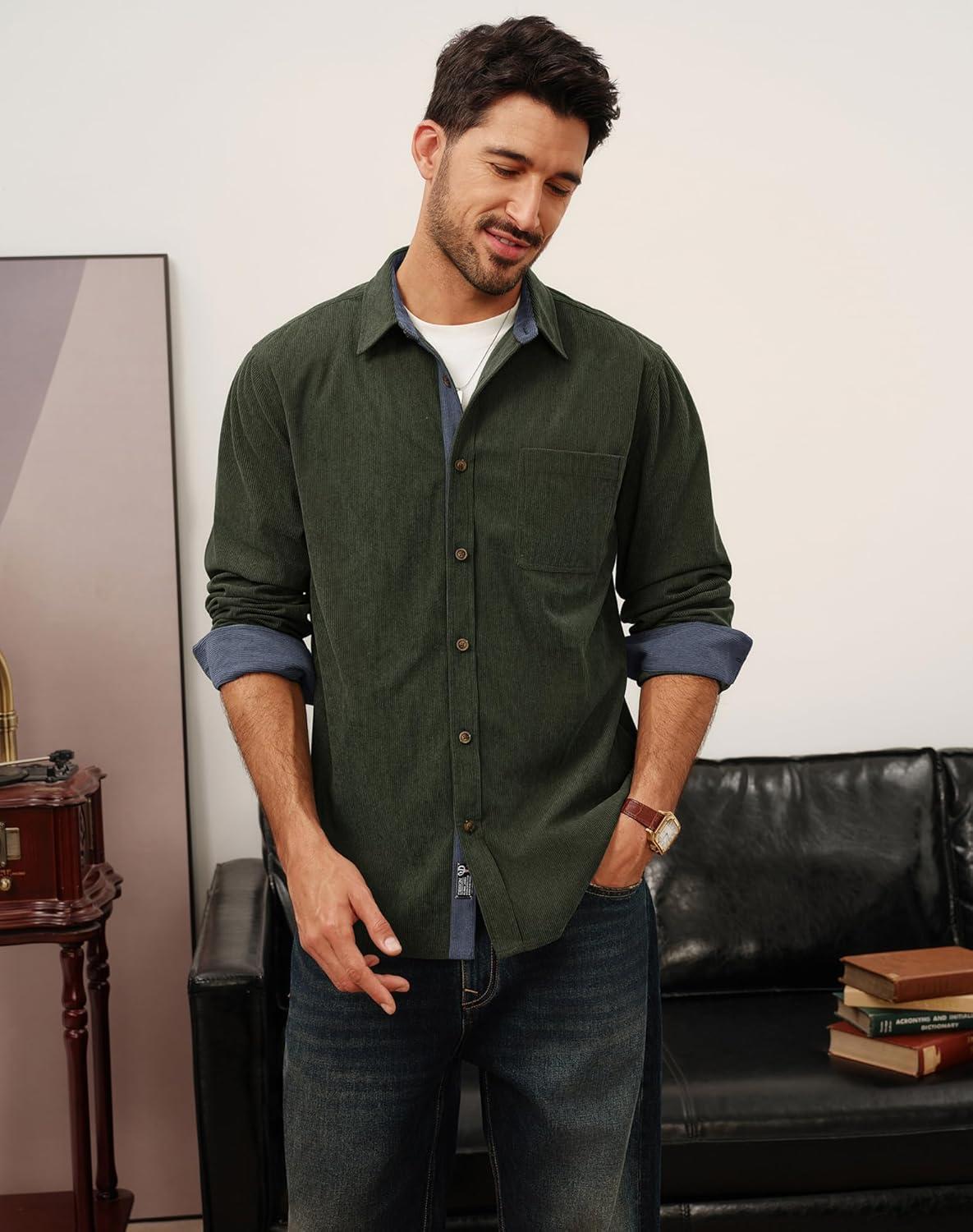 imagePJ PAUL JONES Mens Corduroy Button Down Shirt Long Sleeve Casual Collared Wrinkle Free Untucked Shirts with PocketArmy Green