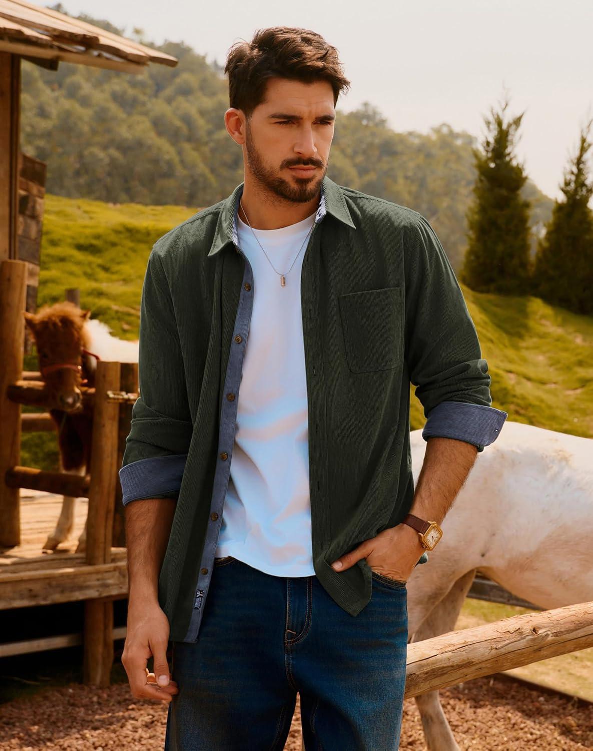 imagePJ PAUL JONES Mens Corduroy Button Down Shirt Long Sleeve Casual Collared Wrinkle Free Untucked Shirts with PocketArmy Green