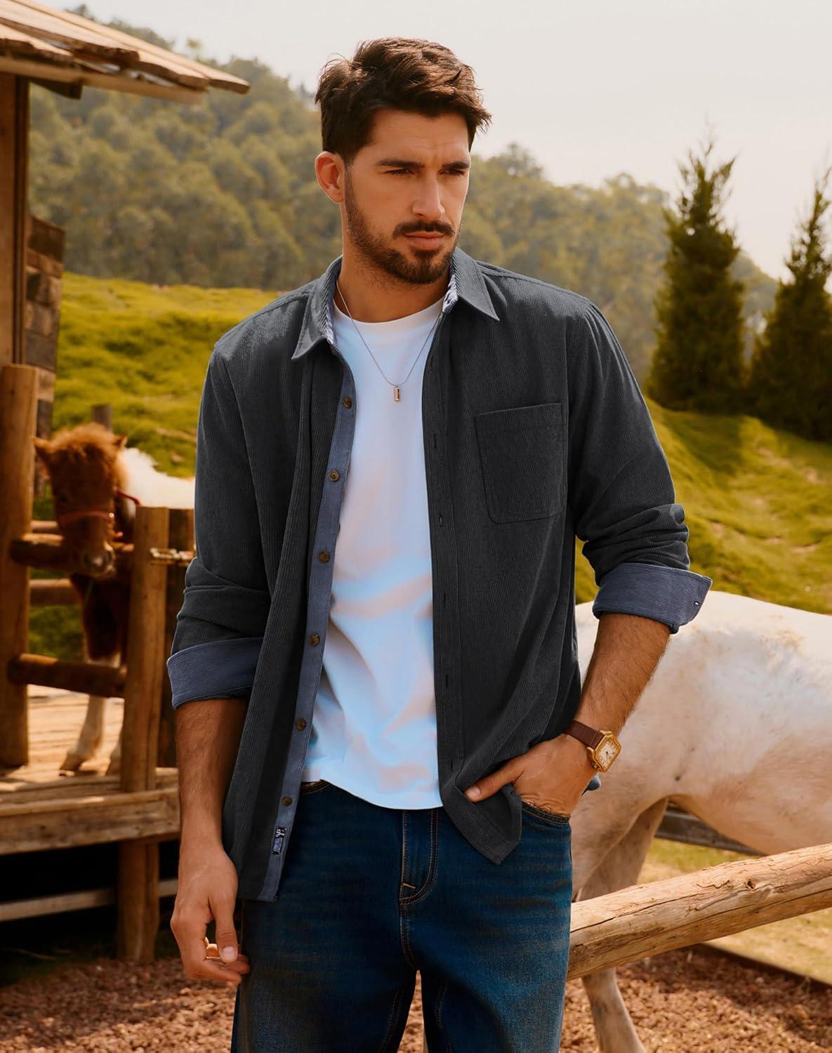 imagePJ PAUL JONES Mens Corduroy Button Down Shirt Long Sleeve Casual Collared Wrinkle Free Untucked Shirts with PocketGray