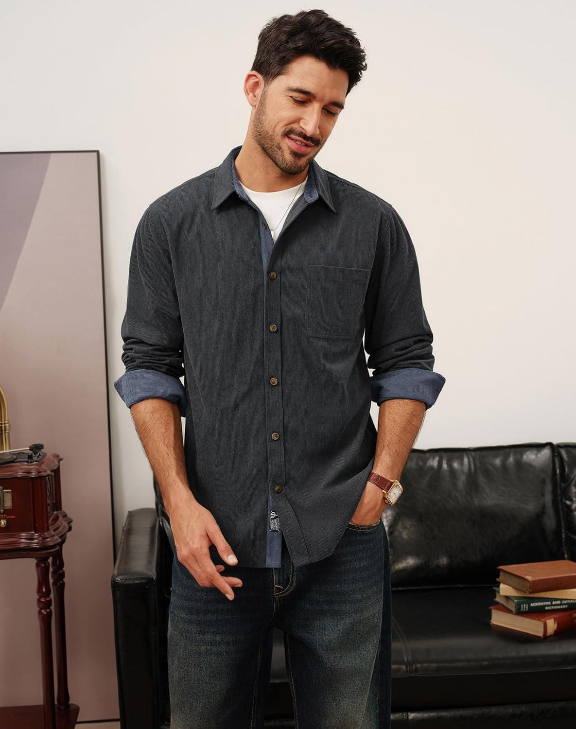 imagePJ PAUL JONES Mens Corduroy Button Down Shirt Long Sleeve Casual Collared Wrinkle Free Untucked Shirts with PocketGray