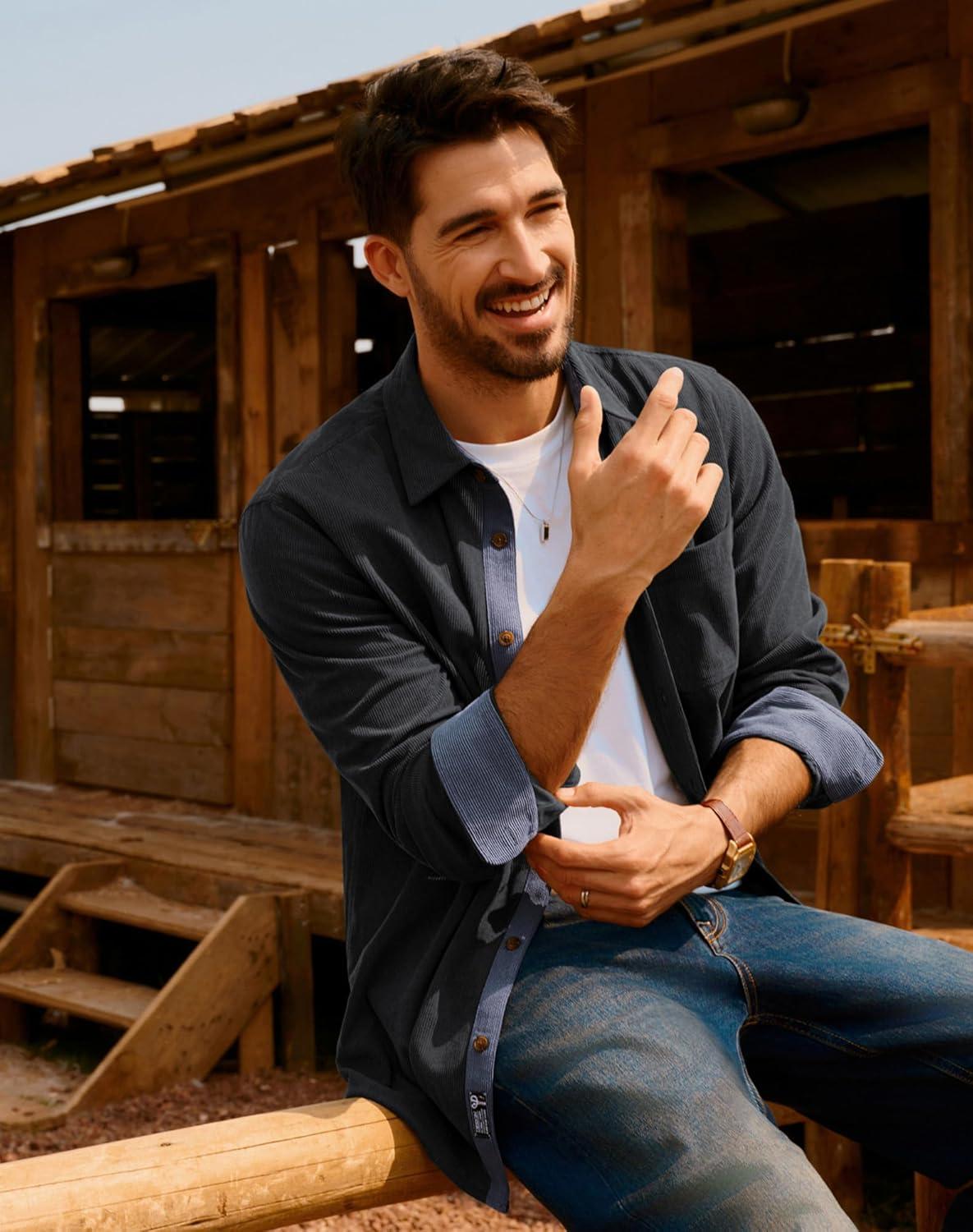 imagePJ PAUL JONES Mens Corduroy Button Down Shirt Long Sleeve Casual Collared Wrinkle Free Untucked Shirts with PocketGray