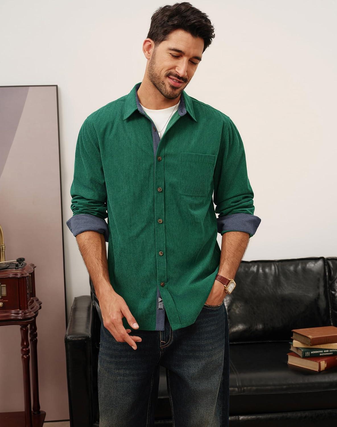 imagePJ PAUL JONES Mens Corduroy Button Down Shirt Long Sleeve Casual Collared Wrinkle Free Untucked Shirts with PocketGreen