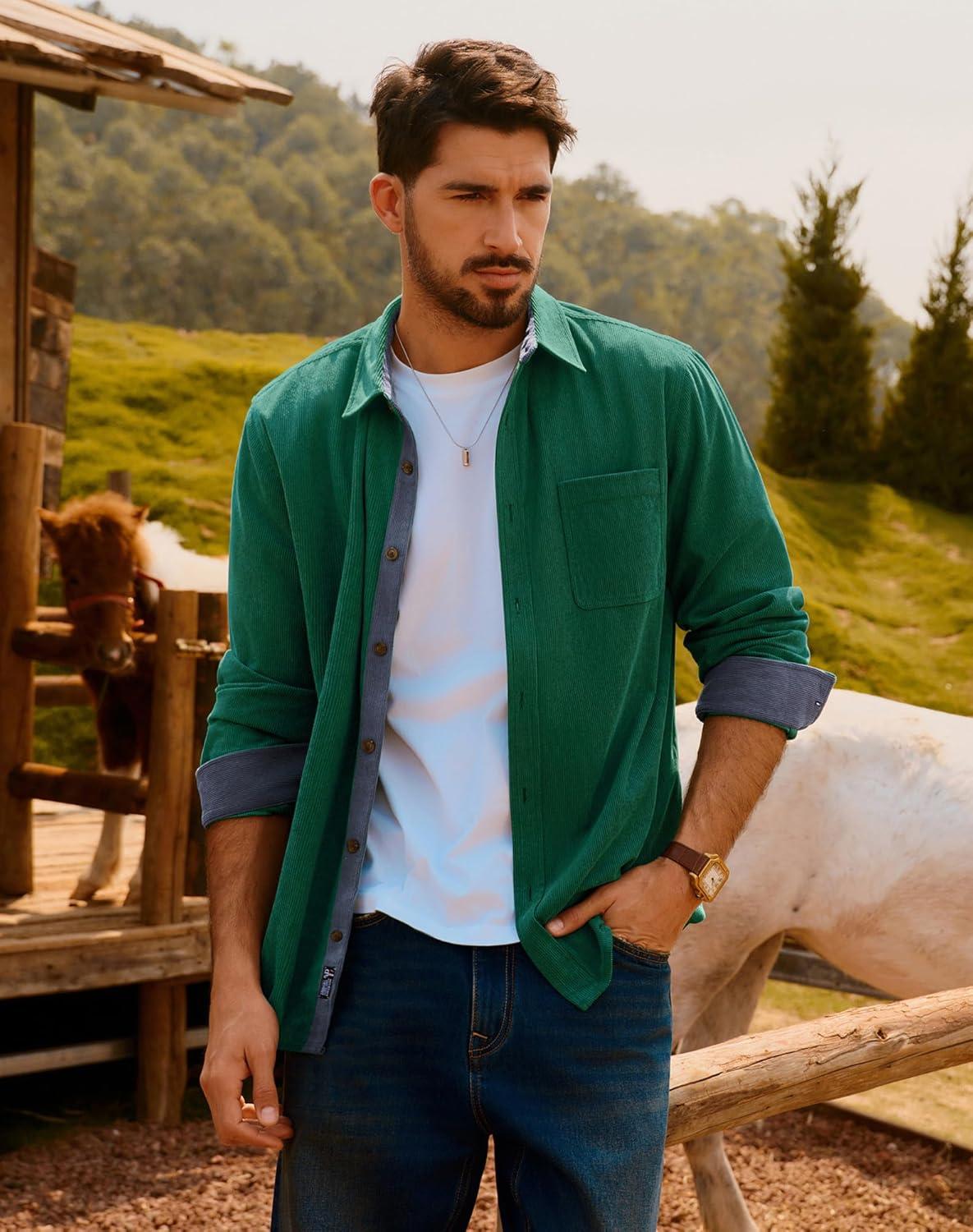 imagePJ PAUL JONES Mens Corduroy Button Down Shirt Long Sleeve Casual Collared Wrinkle Free Untucked Shirts with PocketGreen