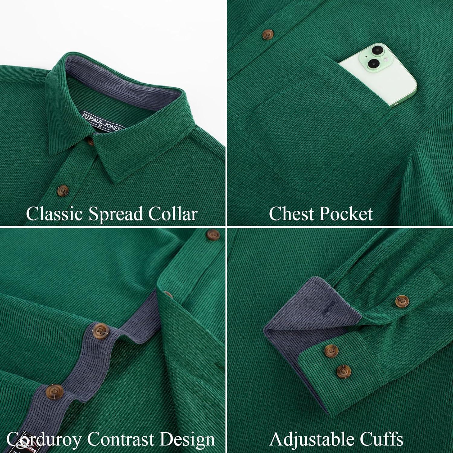 imagePJ PAUL JONES Mens Corduroy Button Down Shirt Long Sleeve Casual Collared Wrinkle Free Untucked Shirts with PocketGreen