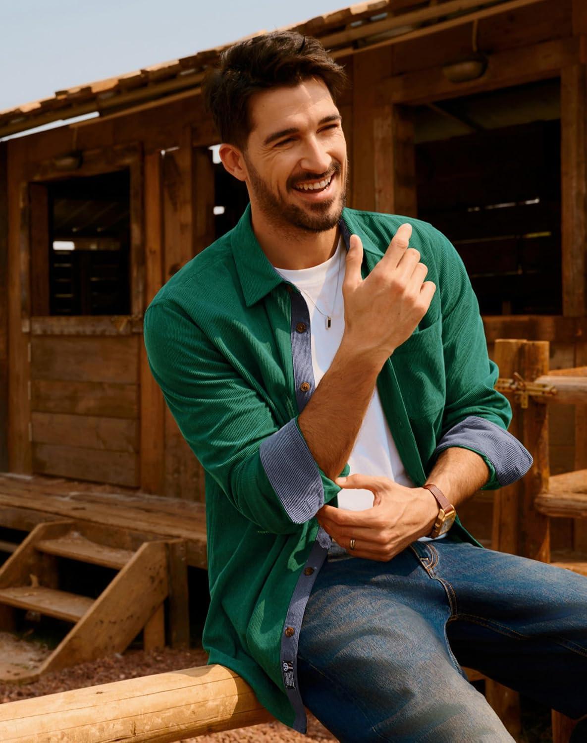 imagePJ PAUL JONES Mens Corduroy Button Down Shirt Long Sleeve Casual Collared Wrinkle Free Untucked Shirts with PocketGreen