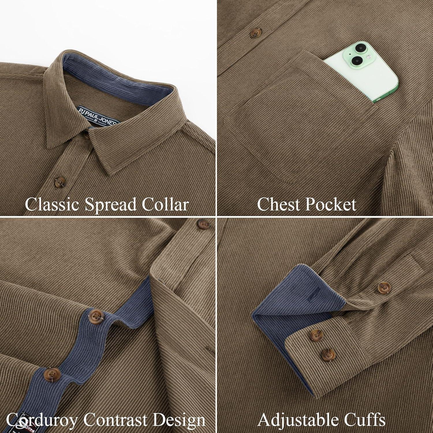 imagePJ PAUL JONES Mens Corduroy Button Down Shirt Long Sleeve Casual Collared Wrinkle Free Untucked Shirts with PocketKhaki