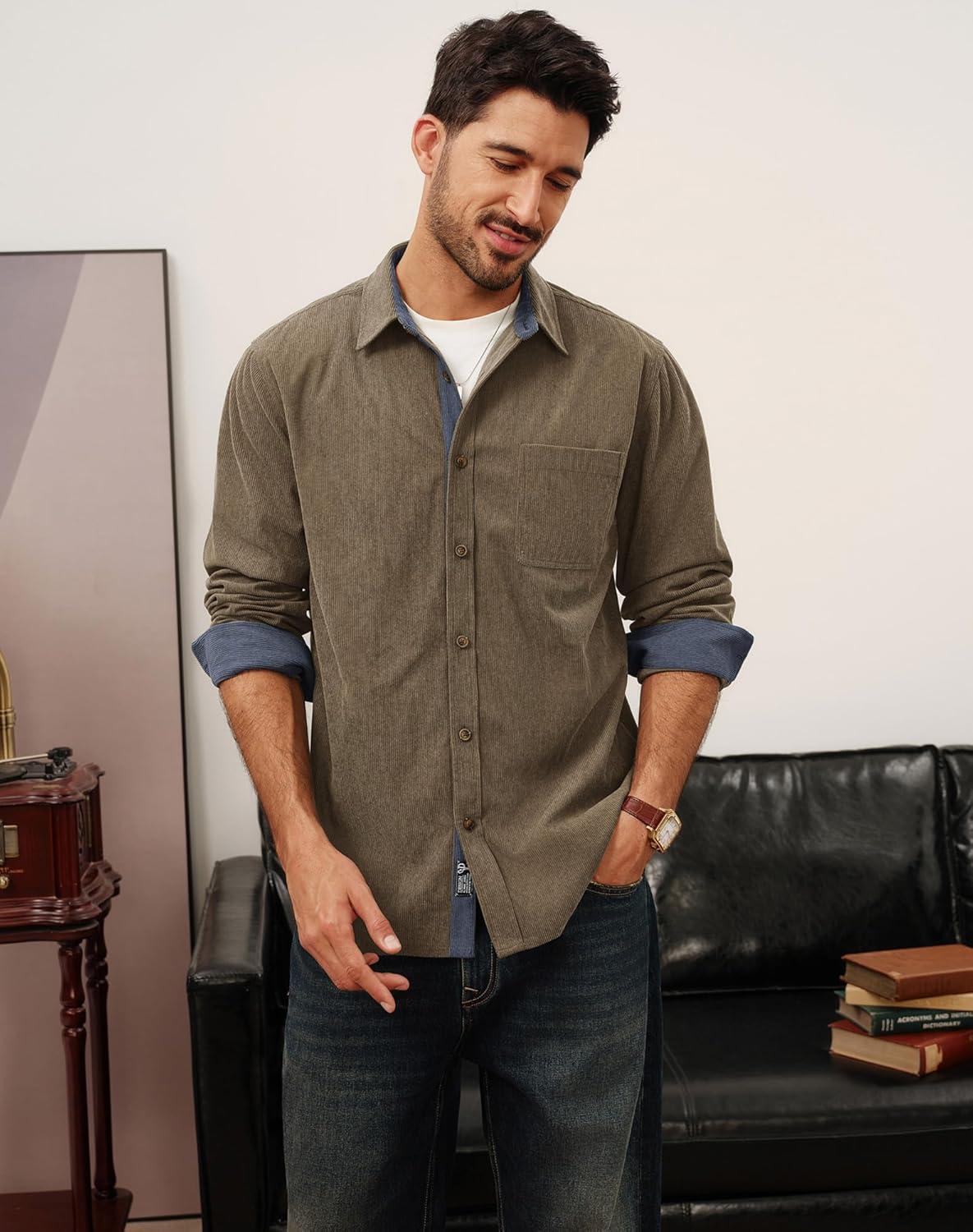 imagePJ PAUL JONES Mens Corduroy Button Down Shirt Long Sleeve Casual Collared Wrinkle Free Untucked Shirts with PocketKhaki