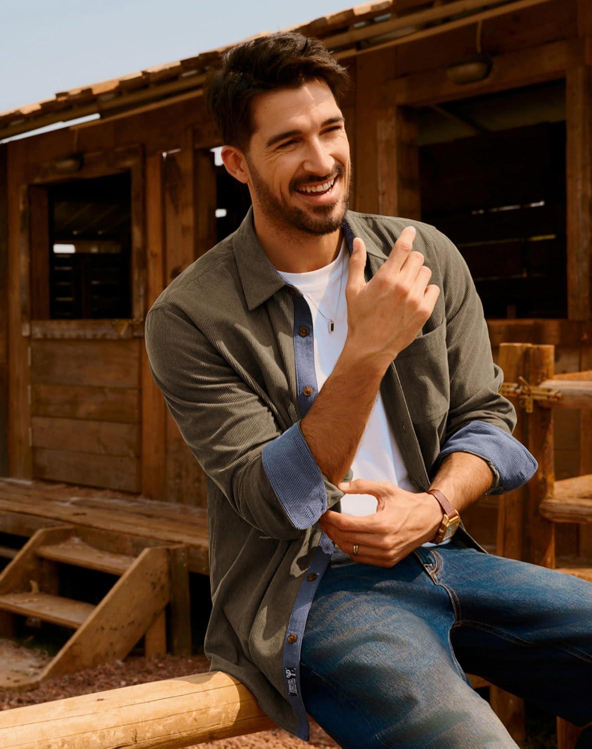 imagePJ PAUL JONES Mens Corduroy Button Down Shirt Long Sleeve Casual Collared Wrinkle Free Untucked Shirts with PocketKhaki