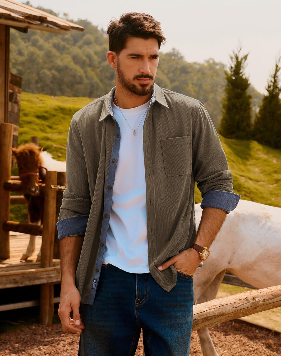 imagePJ PAUL JONES Mens Corduroy Button Down Shirt Long Sleeve Casual Collared Wrinkle Free Untucked Shirts with PocketKhaki