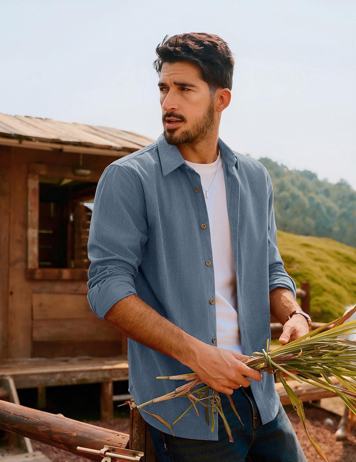 imagePJ PAUL JONES Mens Corduroy Shirts Casual Button Down Shirt Jacket Lightweight ShacketBlue Gray