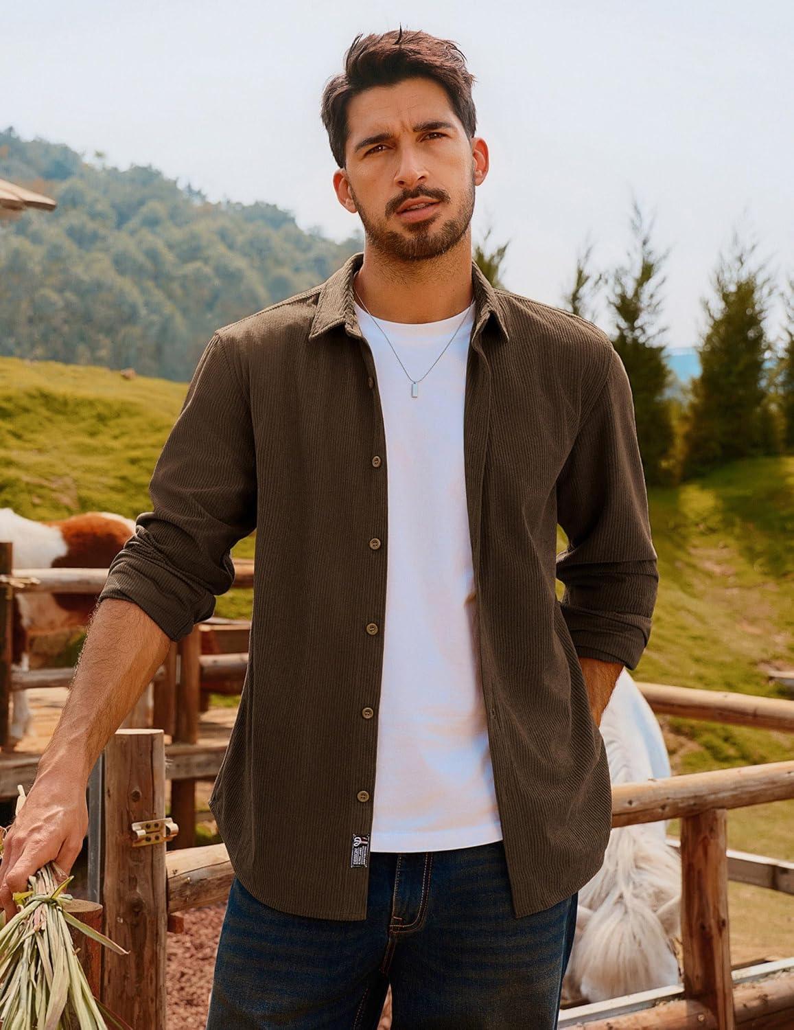 imagePJ PAUL JONES Mens Corduroy Shirts Casual Button Down Shirt Jacket Lightweight ShacketCoffee