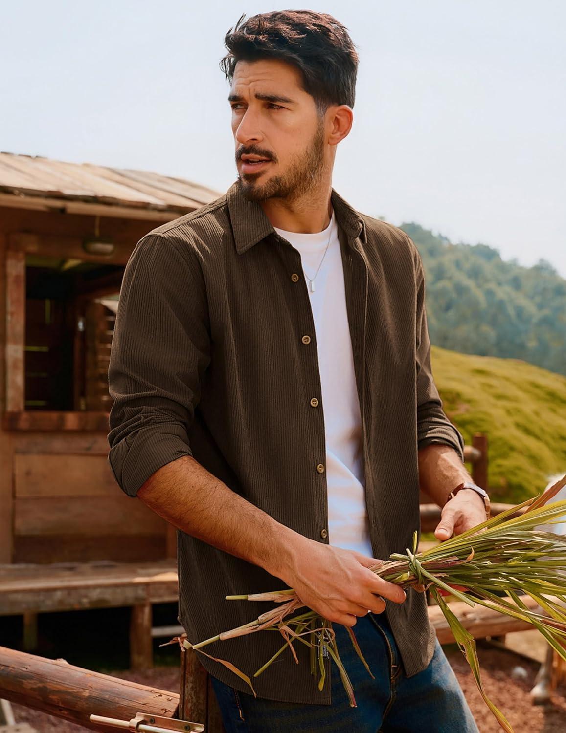 imagePJ PAUL JONES Mens Corduroy Shirts Casual Button Down Shirt Jacket Lightweight ShacketCoffee