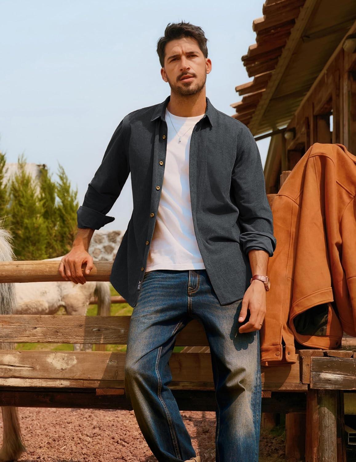 imagePJ PAUL JONES Mens Corduroy Shirts Casual Button Down Shirt Jacket Lightweight ShacketDark Grey