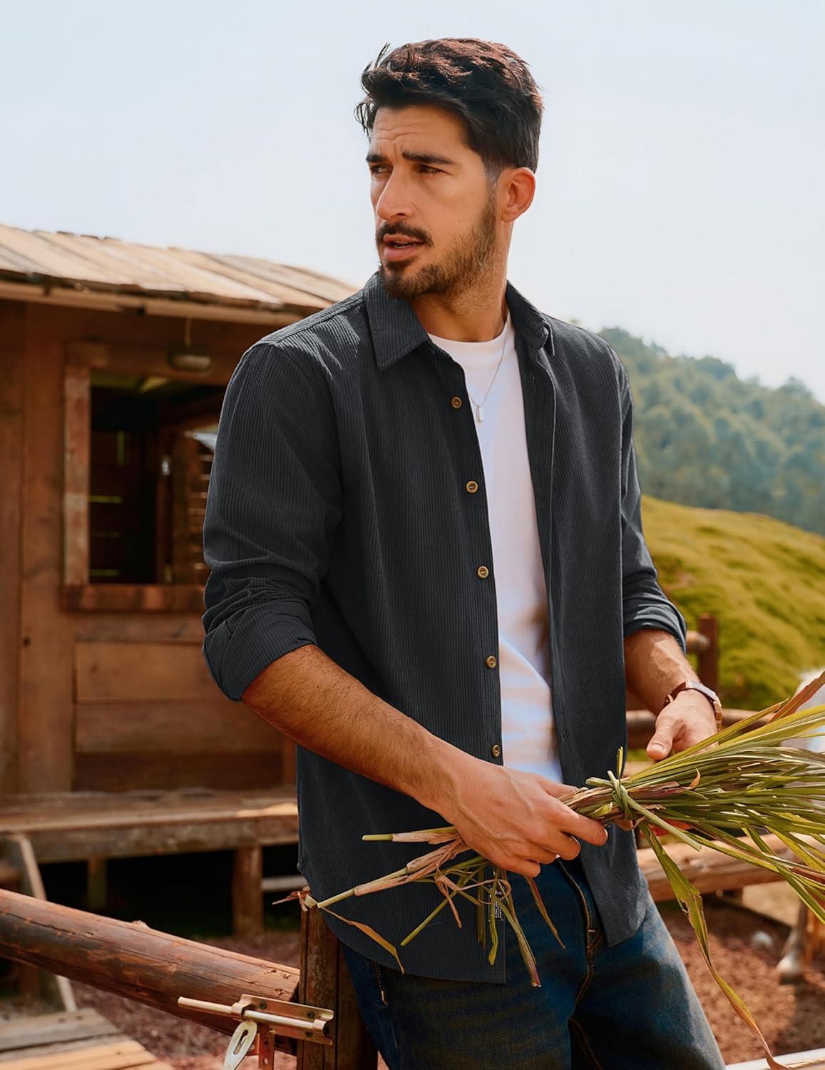 imagePJ PAUL JONES Mens Corduroy Shirts Casual Button Down Shirt Jacket Lightweight ShacketDark Grey