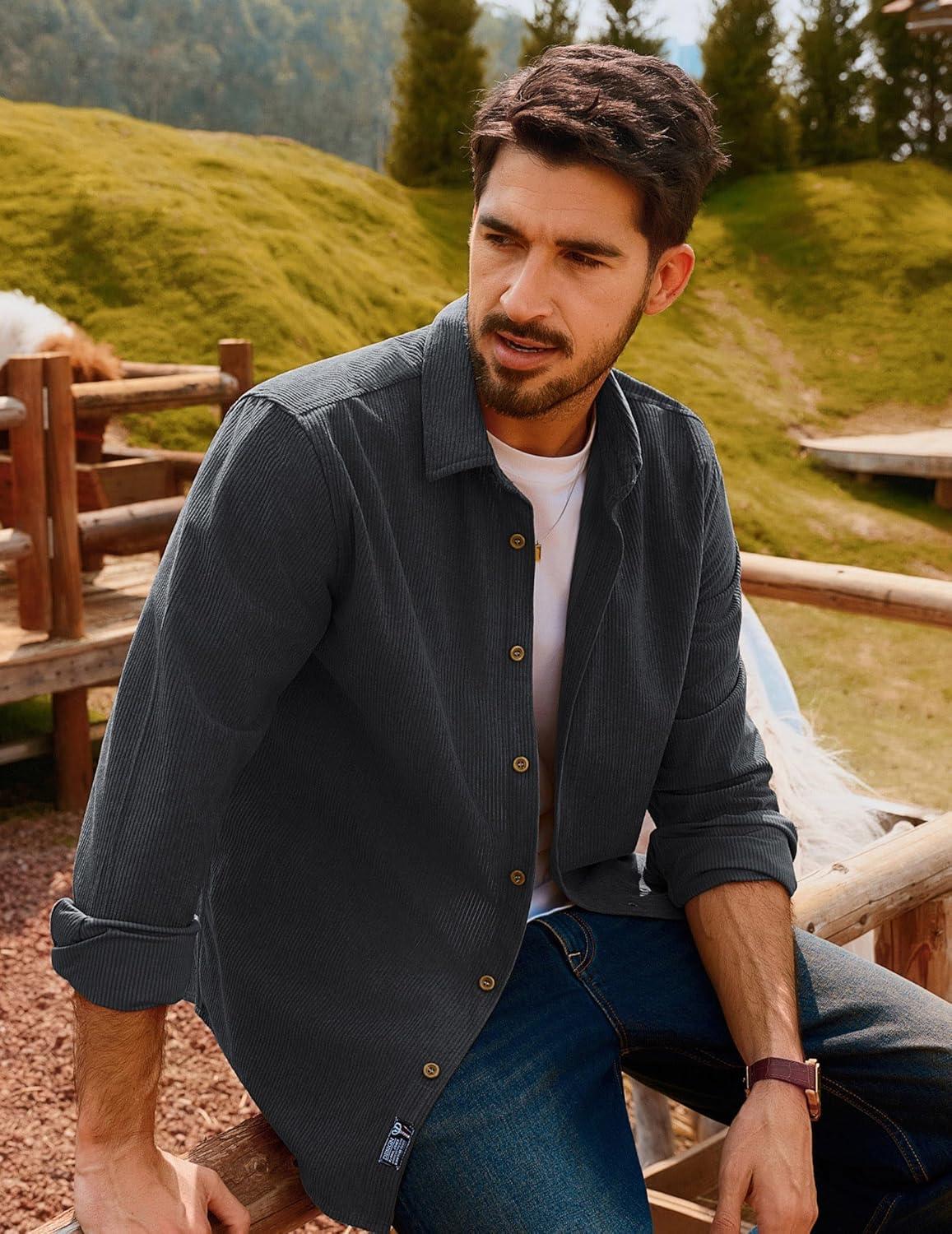 imagePJ PAUL JONES Mens Corduroy Shirts Casual Button Down Shirt Jacket Lightweight ShacketDark Grey