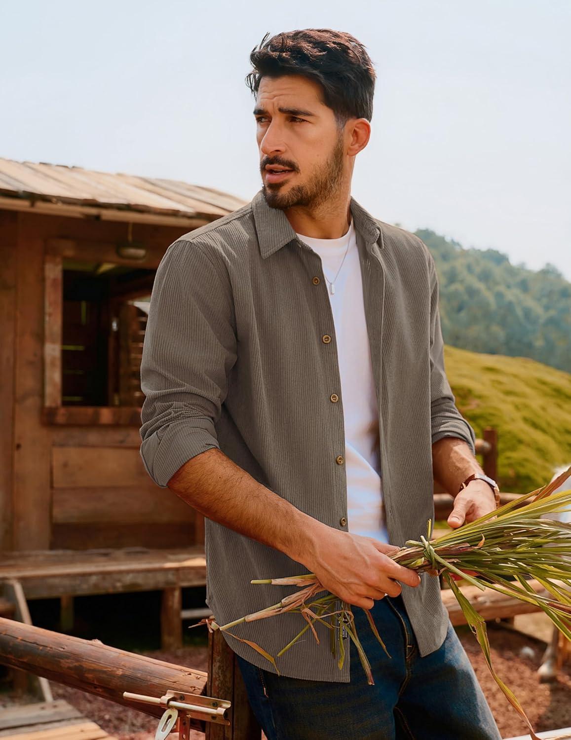 imagePJ PAUL JONES Mens Corduroy Shirts Casual Button Down Shirt Jacket Lightweight ShacketKhaki