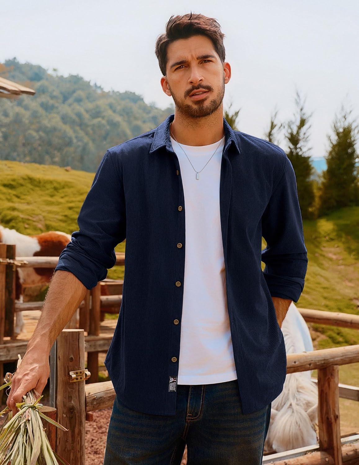 imagePJ PAUL JONES Mens Corduroy Shirts Casual Button Down Shirt Jacket Lightweight ShacketNavy Blue