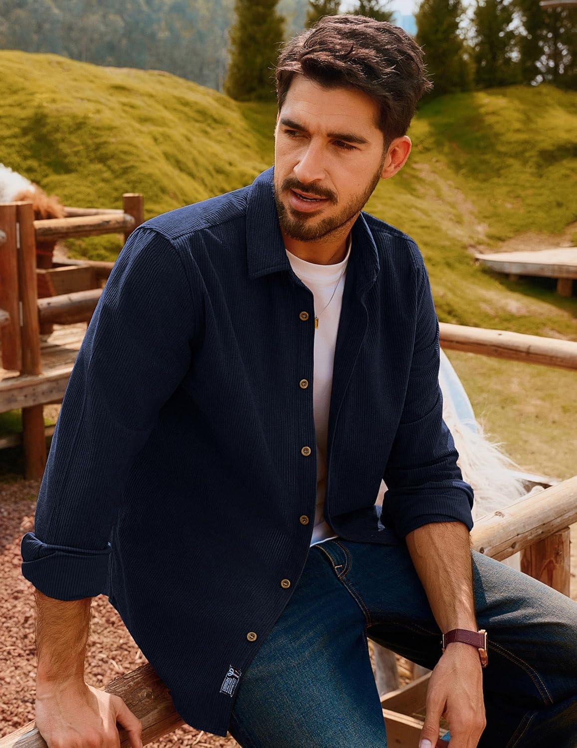 imagePJ PAUL JONES Mens Corduroy Shirts Casual Button Down Shirt Jacket Lightweight ShacketNavy Blue