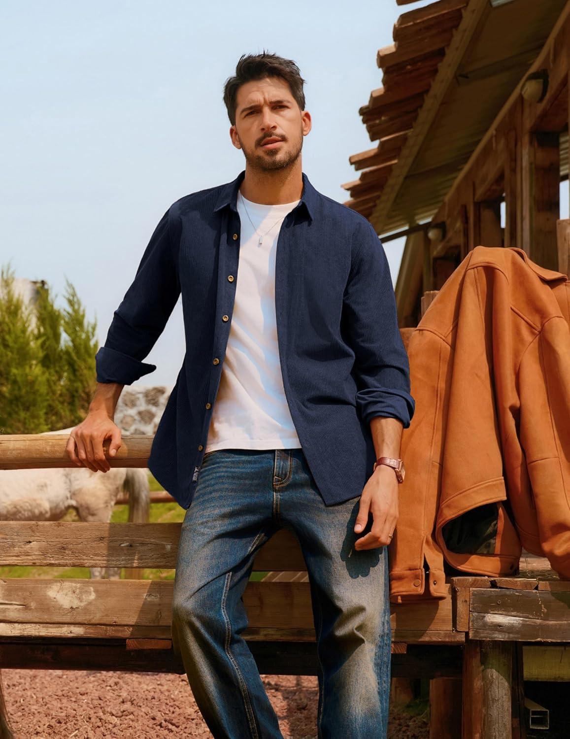 imagePJ PAUL JONES Mens Corduroy Shirts Casual Button Down Shirt Jacket Lightweight ShacketNavy Blue