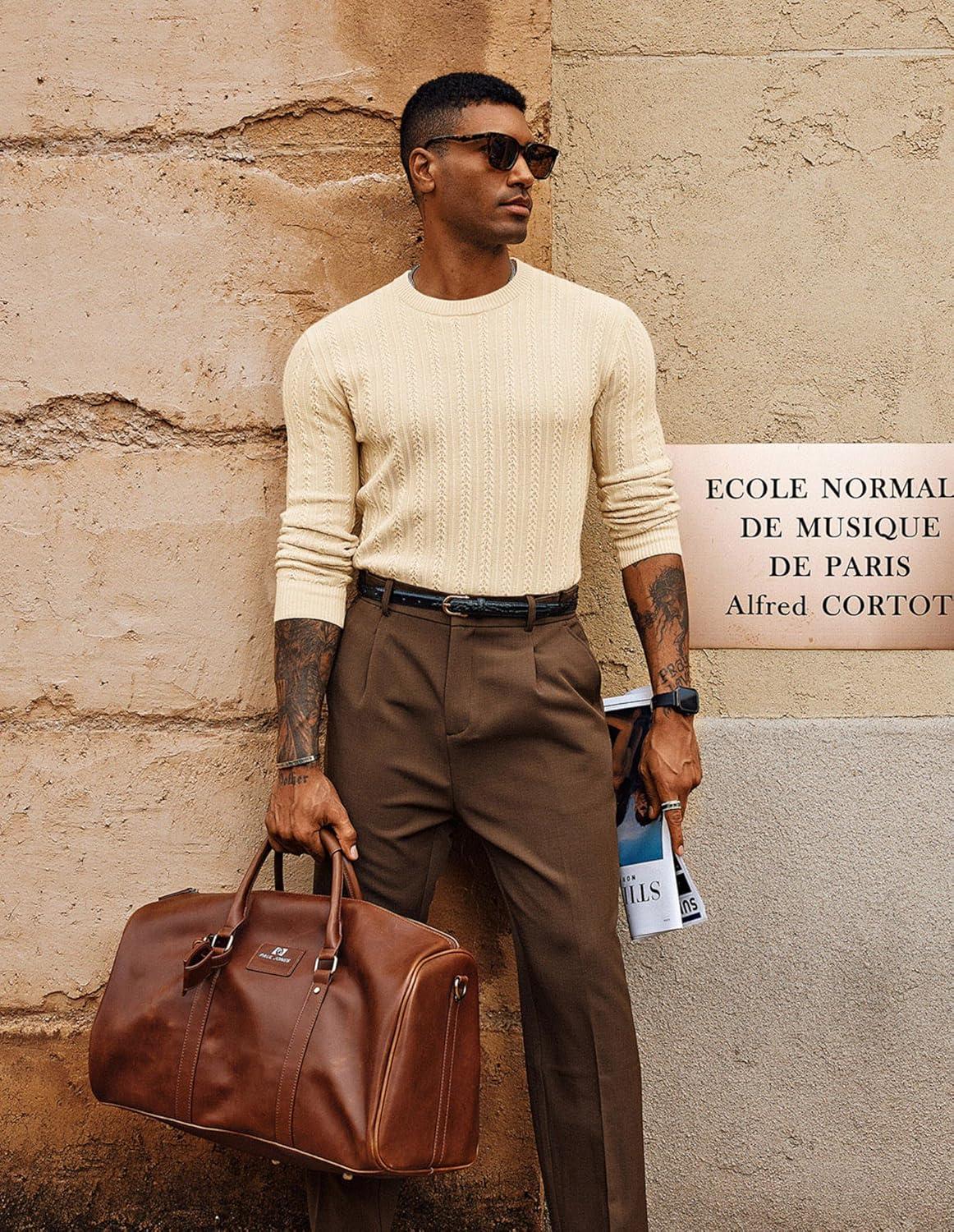 imagePJ PAUL JONES Mens Crew Neck Sweater Lightweight Cable Knitted Pullover SweatersApricot