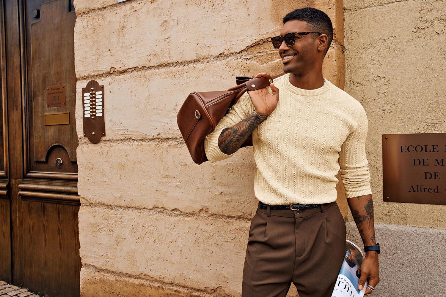 imagePJ PAUL JONES Mens Crew Neck Sweater Lightweight Cable Knitted Pullover SweatersApricot