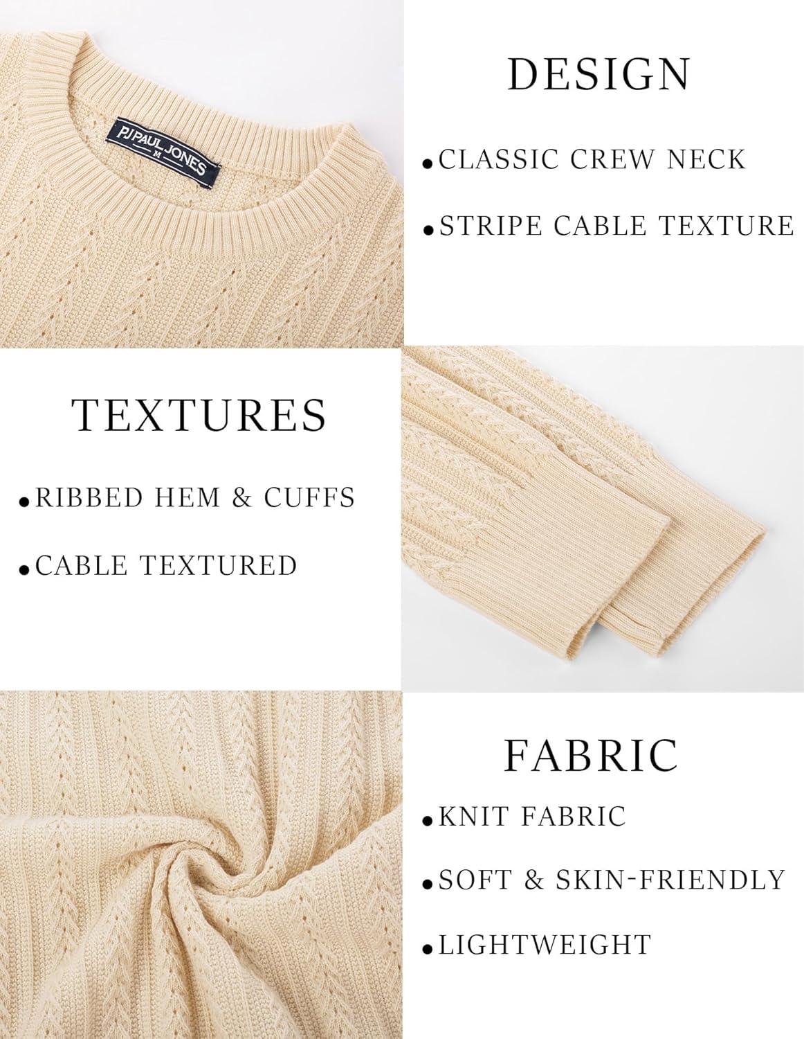 imagePJ PAUL JONES Mens Crew Neck Sweater Lightweight Cable Knitted Pullover SweatersApricot