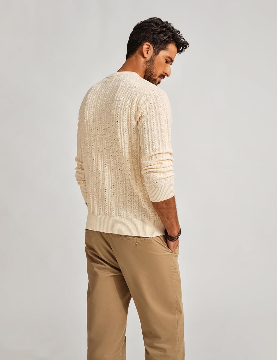 imagePJ PAUL JONES Mens Crew Neck Sweater Lightweight Cable Knitted Pullover SweatersApricot