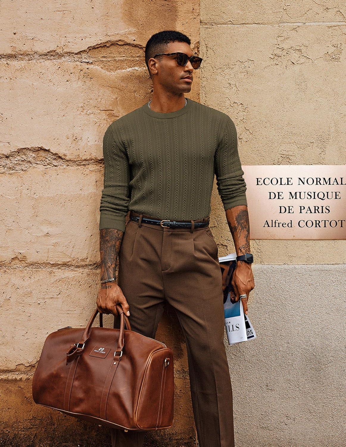 imagePJ PAUL JONES Mens Crew Neck Sweater Lightweight Cable Knitted Pullover SweatersArmy Green