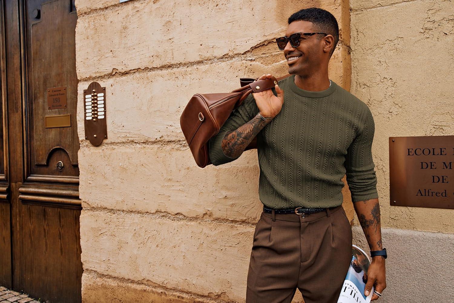 imagePJ PAUL JONES Mens Crew Neck Sweater Lightweight Cable Knitted Pullover SweatersArmy Green