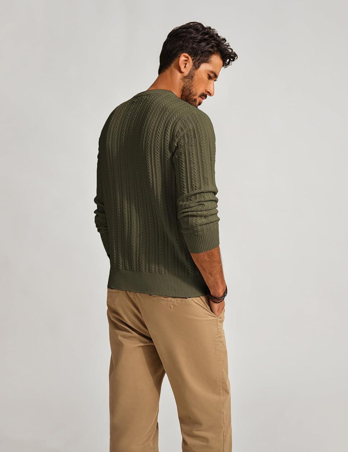 imagePJ PAUL JONES Mens Crew Neck Sweater Lightweight Cable Knitted Pullover SweatersArmy Green