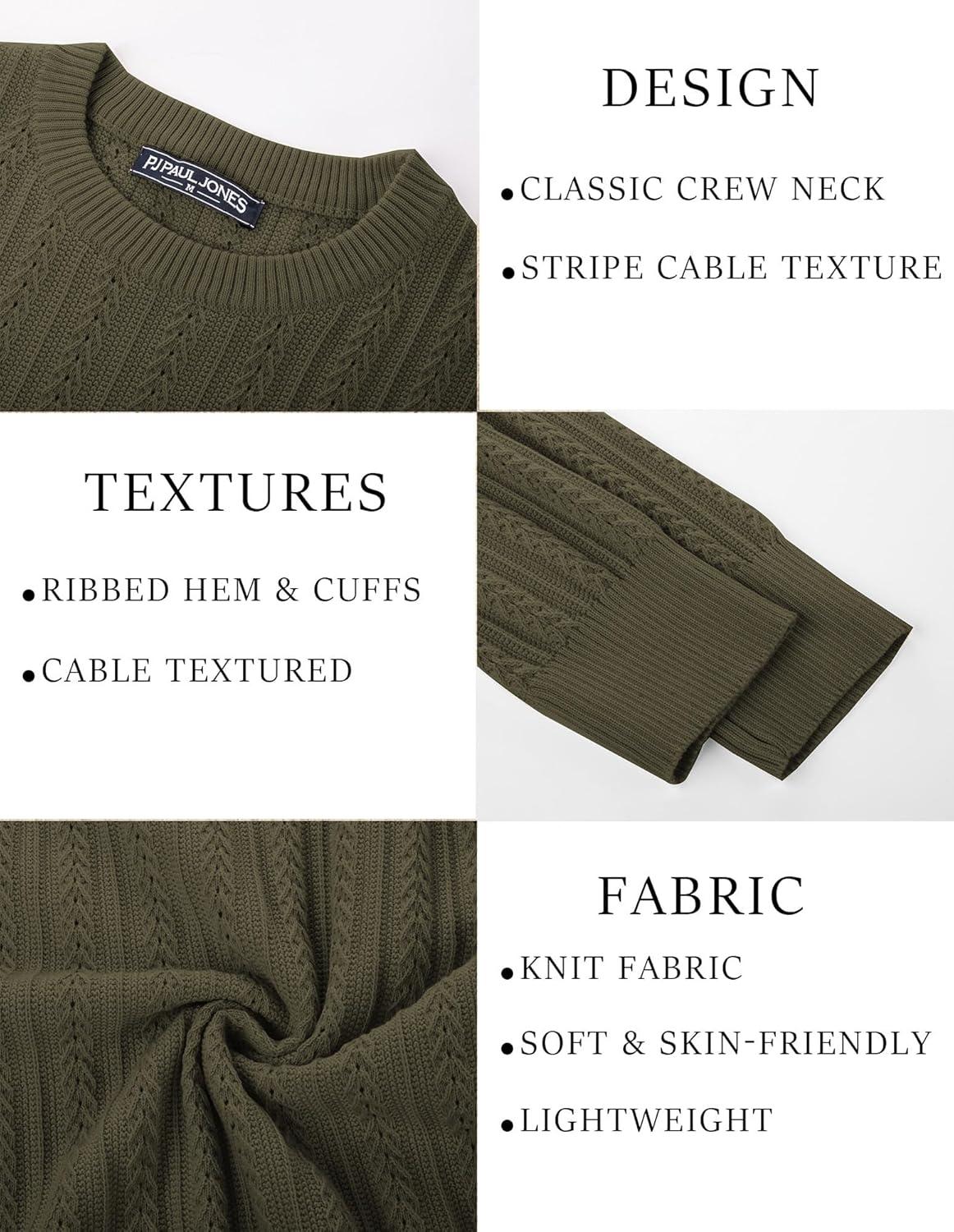 imagePJ PAUL JONES Mens Crew Neck Sweater Lightweight Cable Knitted Pullover SweatersArmy Green